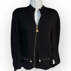 Vtg Don Sayres Wool Blend Zip‎ Black Cardigan with Gold Details